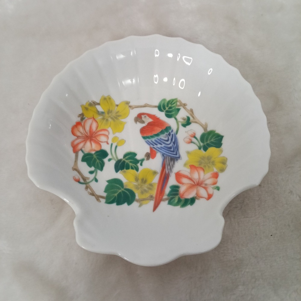 Vintage Scalloped Shell Trinket Dish Tropical Parrot Floral Porcelain Japan